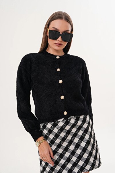 MİR Piedra Women's Pearl Button Crew Neck Balloon Sleeve Soft Texture Soft Bearded Cardigan