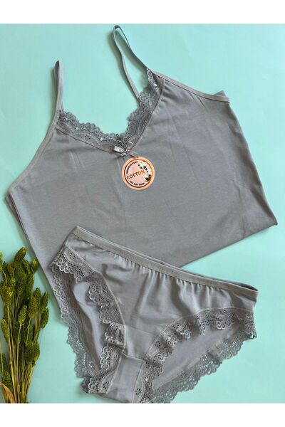 KOTA Kadın Atlet-Külot Alt üst Takım ip askılı 1 Adet GRİ renk Dantelli Pamuk...
