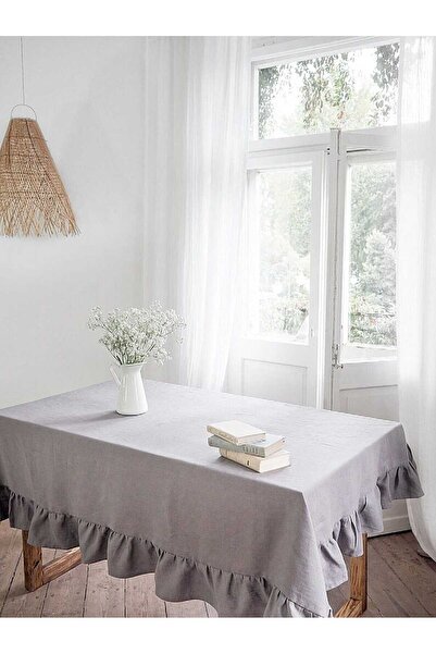 HOME ART ATELIER hand made Gray Color Ruffled Natural Vintage Tablecloth