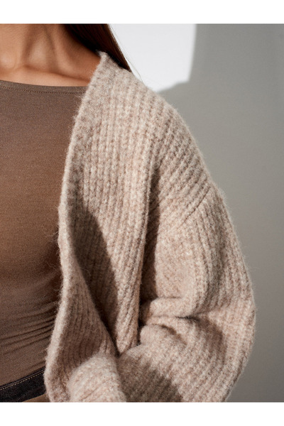 Dilvin 60991 Soft Textured Flowy Knit Cardigan-Beige Melange
