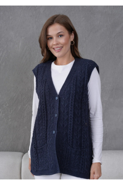 Stilmony Women's Knitwear Lace-Like Knit Mother's Wool Vest with Pocket Detail
