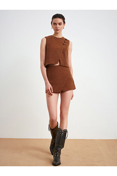 Dilvin 81067 Asymmetrical Shorts Skirt-Camel