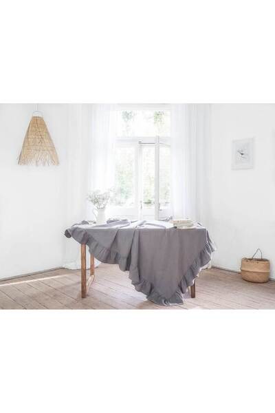 HOME ART ATELIER hand made Gray Color Ruffled Natural Vintage Tablecloth
