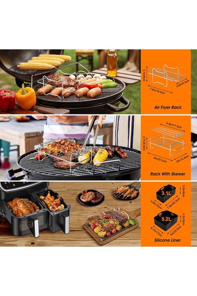 DELPI Set of 15 Air Fryer Accessories – Compatible with Dual 5.2L/3.1L, Silicone/Stainless, Black