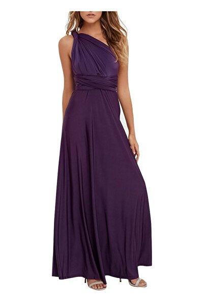 Dotail Elegant long dress, OBEEII, polyester, V-neck, dark purple, size XS