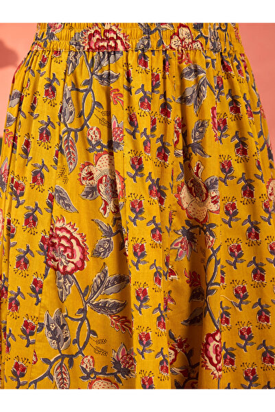 Sassafras By Styli Mustard Floral Elasticated Anarkali Skirt