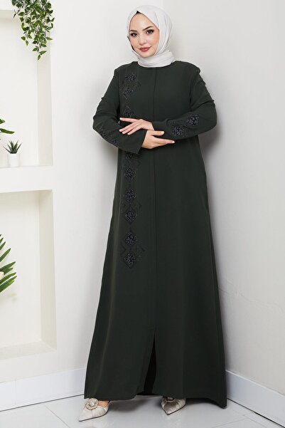 hafsamina Leather Embroidered Ferace Khaki Hm2849