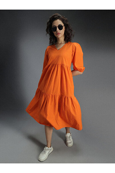 High Star By Styli Orange Tiered Midi Dress with 3/4 Sleeves