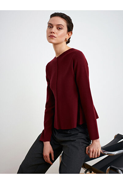 Dilvin 10824 Crew Neck Peplum Knitwear Top-Dark Burgundy