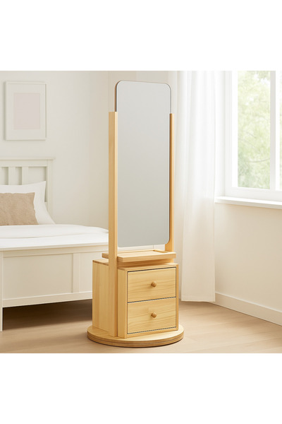 ka tasarım SpinMirror Aynalı Komodin Masif Ahşap | 360° Dönüşte Fonksiyonel Zarafet