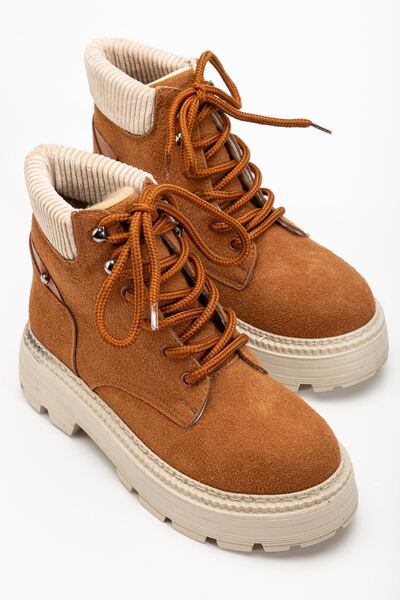Hayalimdeki Ayakkabı Women's Mustard Suede Lace-Up Non-Slip Sole Boots