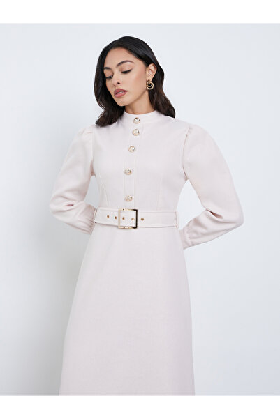 Styli Beige Long Sleeve Belted A-Line Maxi Dress