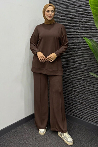 Tesettür Diyarı طقم حجاب نسائي طويل من قماش المودال - بني