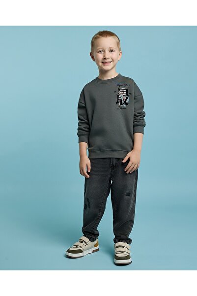 R&B سويت شيرت مطبوع برقبة دائرية وأكمام طويلة