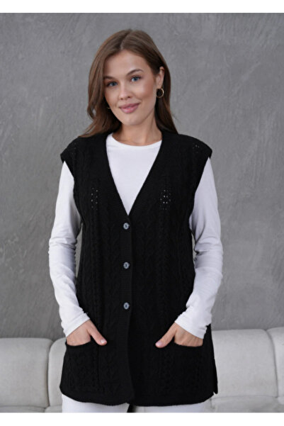 Stilmony Women's Knitwear Lace-Like Knit Mother's Wool Vest with Pocket Detail