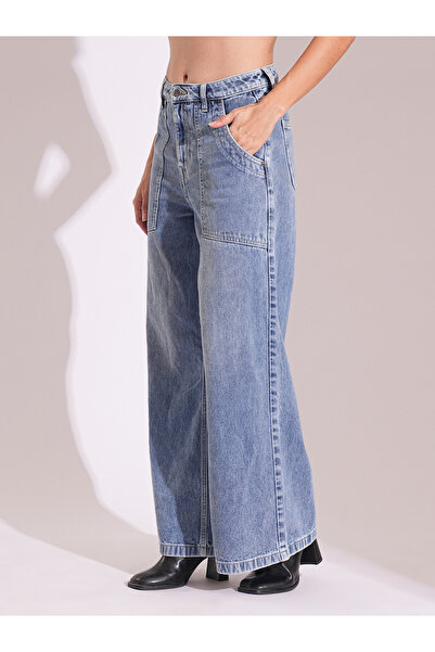 Globus By Styli Light Blue Cotton Wide Leg Faded Jeans