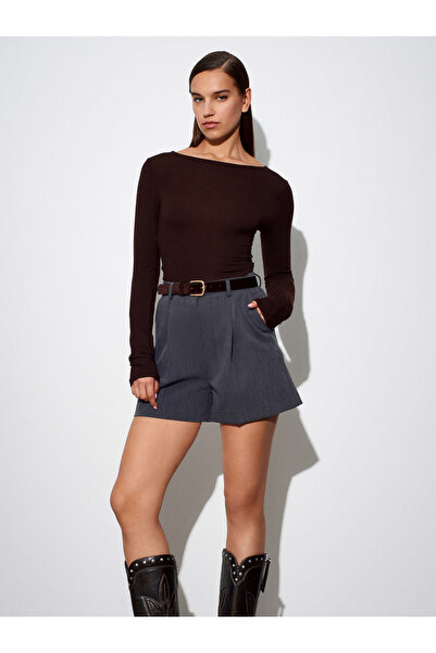 Dilvin 32325 Wool Blend Boat Neck Top - Dark Brown