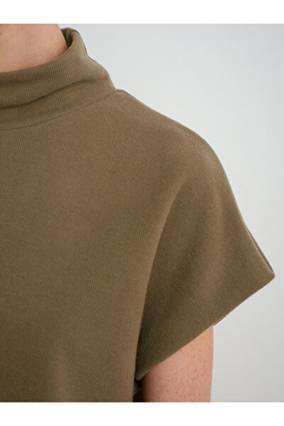 Dilvin 32148 Mock Neck Knitted Top-Light Khaki