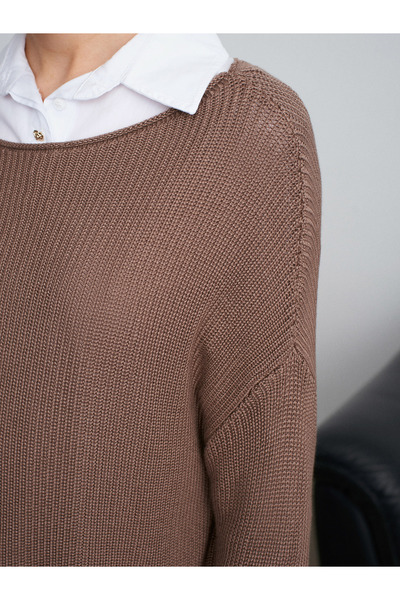 Dilvin 10804 Boat Neck Draped Knitwear Sweater-Mink