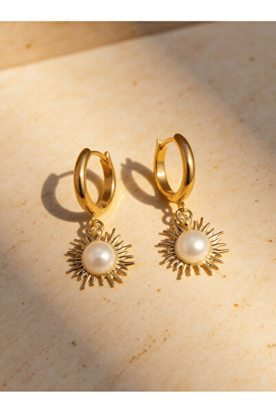 ohmygod jewelry Cercei din argint placați cu aur, cu pandantiv soare și perle – Double Sunshine