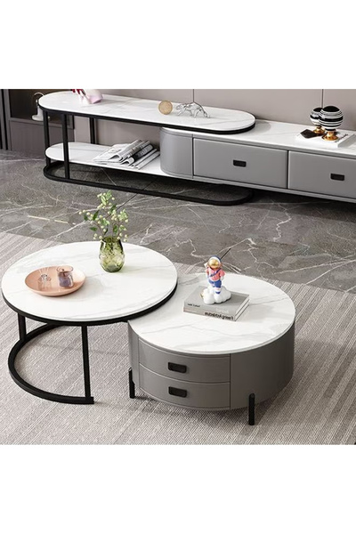 KEKE Light luxury modern simple round small apartment coffee table rock plate 70cm Grey&White