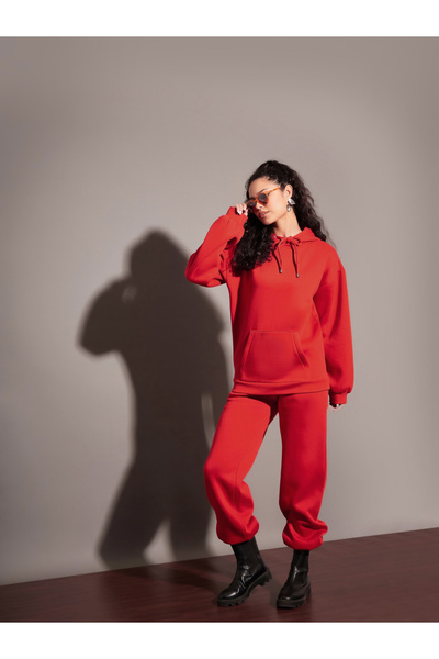 Sassafras By Styli Women Red Solid Fleece Drawstring Baggy Joggers