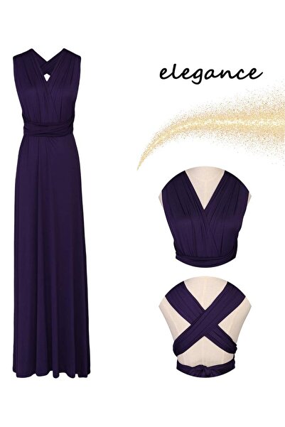 Dotail Elegant long dress, OBEEII, polyester, V-neck, dark purple, size XS