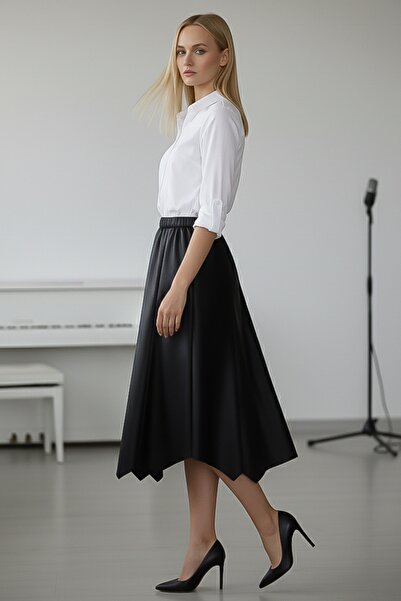 Chiccy Black Slim Elastic Waist Casual Faux Leather Woven Skirt 80 66