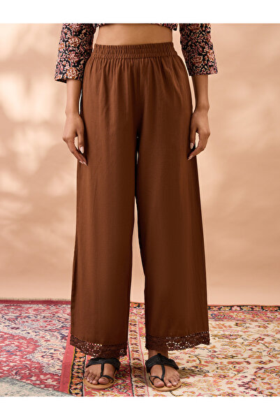 Globus By Styli Brown Solid High Rise Lace Hem Wide Leg Pants