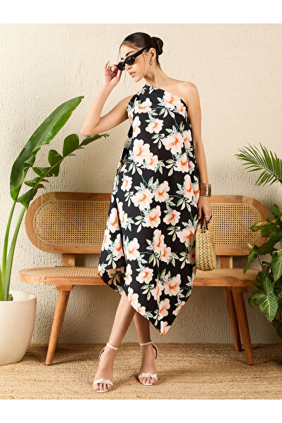 Uptownie By Styli Black Asymmetric One Shoulder Crepe Dress