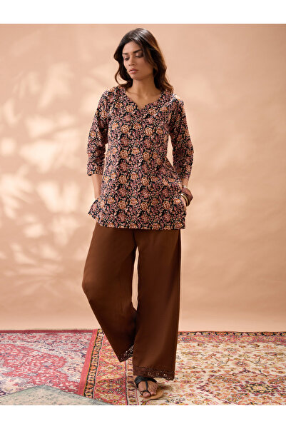 Globus By Styli Brown Solid High Rise Lace Hem Wide Leg Pants