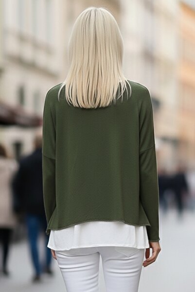 Chiccy Khaki Pool Collar Long Sleeve Slim Two-Piece Set with Necklace Casual Ov Oversized Riko Blouse 70 74