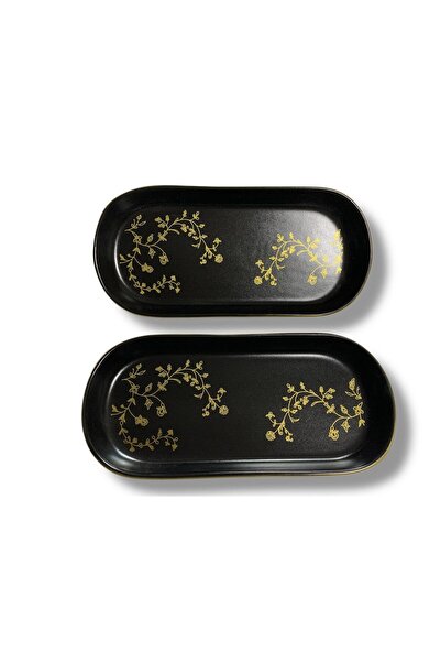 Keramika Matte Black Gold Decorated Net Noyan Boat Plate 26 cm 2 Pieces