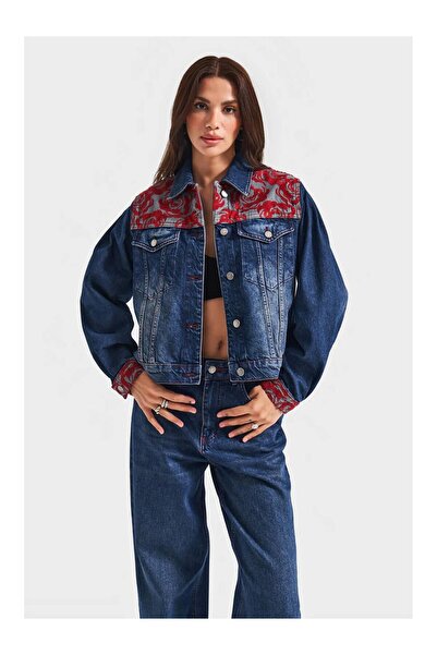 Coral Omuzları Nakışlı Kot Ceket 4217 Mavi