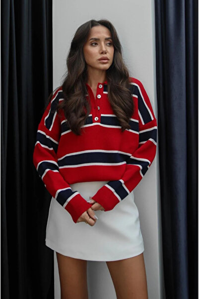 My Blog Red-Navy Blue Polo Neck Striped Sweater - 251129