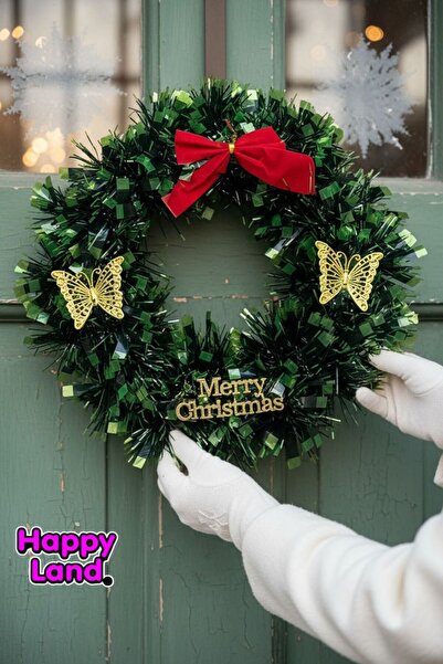 Happyland Yılbaşı Çelenk Kapı Süsü Küçük Boy 25 cm Kelebekli Model Kapı Duvar Süsü Kelebekli Çelenk Süs