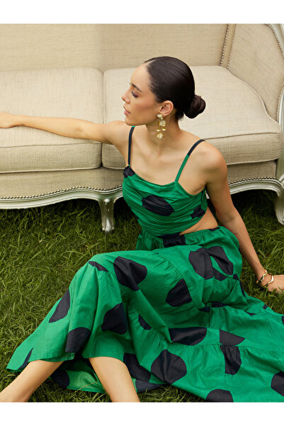 Sassafras By Styli Green Back Cut-Out Polka Maxi Dress