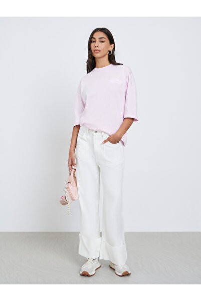 Styli بنطال جينز أرجل واسعة بخصر مرتفع وحافة قابلة للطي