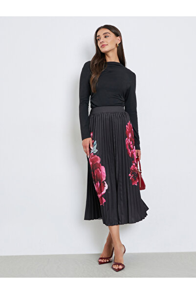 Styli Black Floral Print Pleated Midi Skirt