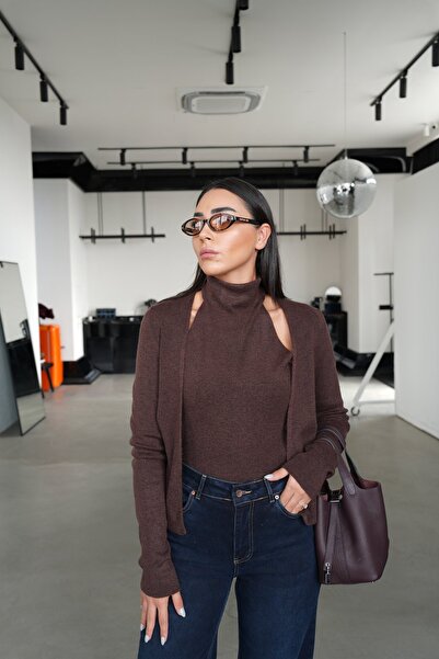 Özge Özgenç Self-Made Turtleneck Body Detailed Knitwear Cardigan