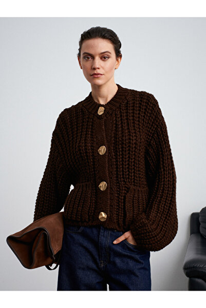 Dilvin 60960 Pocket Detailed Knitted Sweater Cardigan-Dark Brown