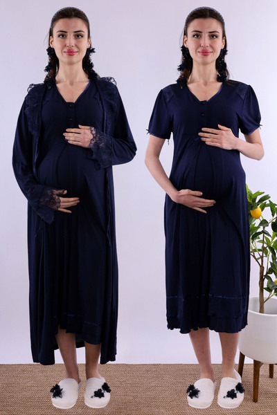 ByLohusa Effortt Navy Blue Maternity Nightgown Set with Dressing Gown