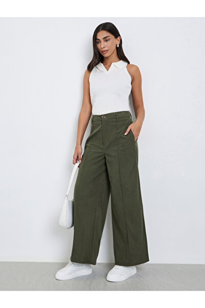 Styli Khaki High Rise Wide Leg Trousers