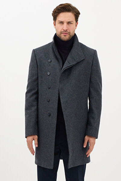 Frappoli Liberto Чоловічий Синьо-сірий Шальовий комір Slim Fit Кашеміровий пальто