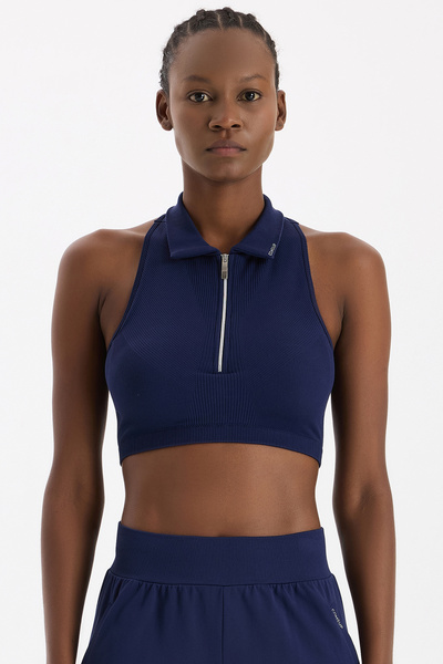 COMEUP Zippered Padded Polo Neck Crop Top Oxford Blue