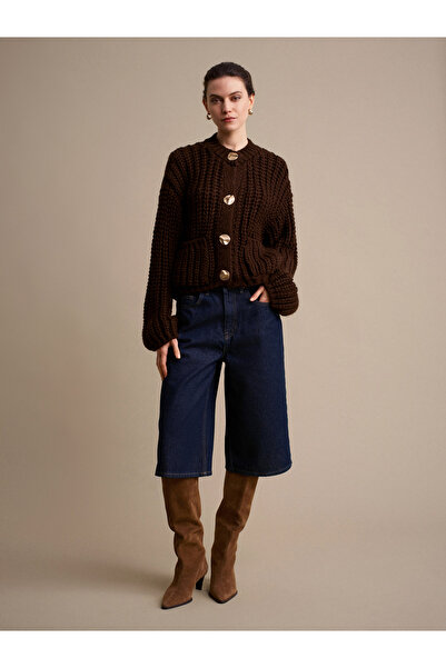 Dilvin 60960 Pocket Detailed Knitted Sweater Cardigan-Dark Brown