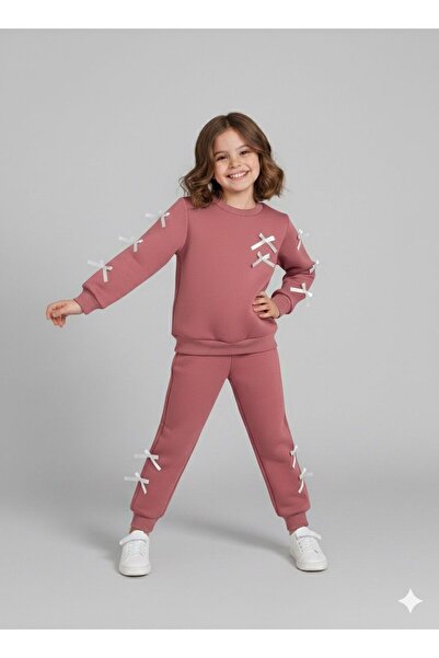 lorio kids Girl's Sweatshirt - Pants Bow Detail Tracksuit Set Comfortable and Stylish