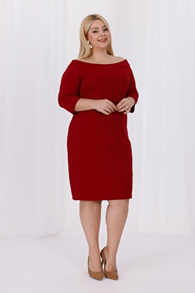 Mooi XXL Women's Burgundy Carmen Collar Three Quarter Sleeve Plus Size Stretchy Crepe Dress