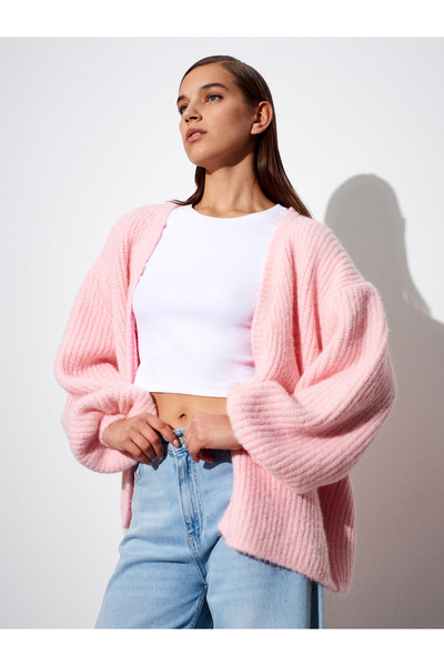 Dilvin 60991 Soft Textured Flowy Knit Cardigan-Pink