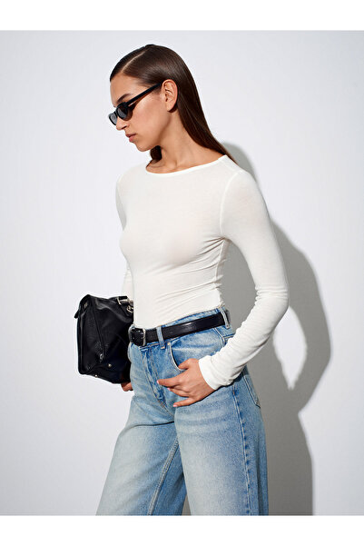 Dilvin 32325 Boat Neck Long Sleeve Top-Ecru